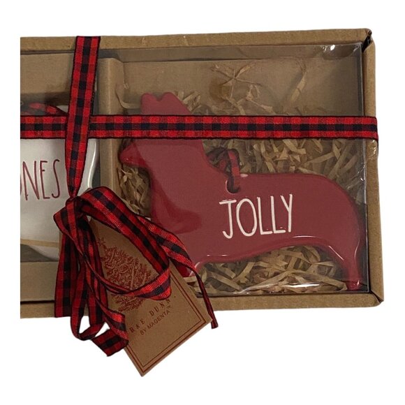 New Rae Dunn Set Of 3 Dog Ornaments Cheer, Jingle Bones, Jolly Red White NEW - Picture 7 of 7